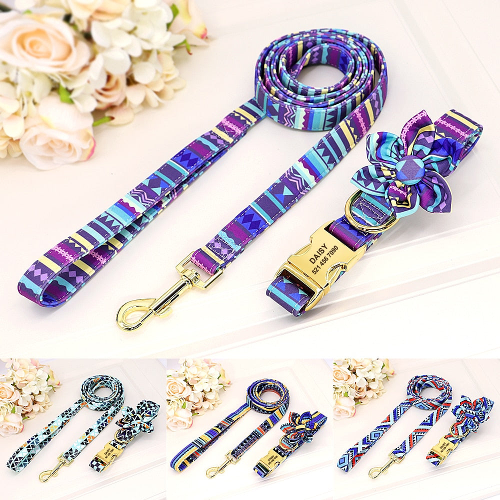 Bohemia Custom Hundehalsband Leine Nylon Blumen bedrucktes Haustier Hundehalsband Leine Personalisiertes Welpenhalsband für kleine mittelgroße Hunde