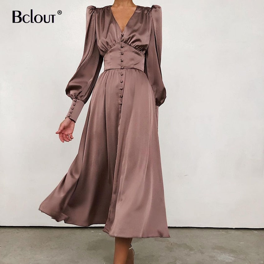 Bclout Elegant Satin Single-Breasted Shirt Dress Fashion Beige Slim V Neck Long Dresses Woman Latern Sleeve Autumn Winter Robe