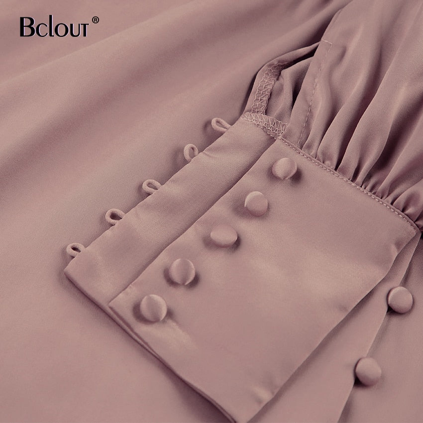 Bclout Elegant Satin Single-Breasted Shirt Dress Fashion Beige Slim V Neck Long Dresses Woman Latern Sleeve Autumn Winter Robe