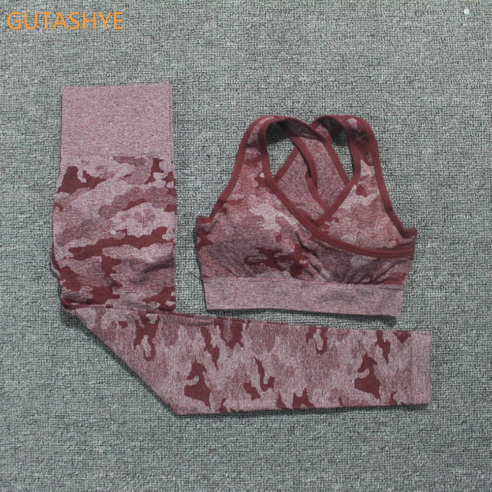 3 Teile / satz Damen Camouflage Yoga Set, Yoga-Leggings für Frauen, gestreifte Kompressionshose