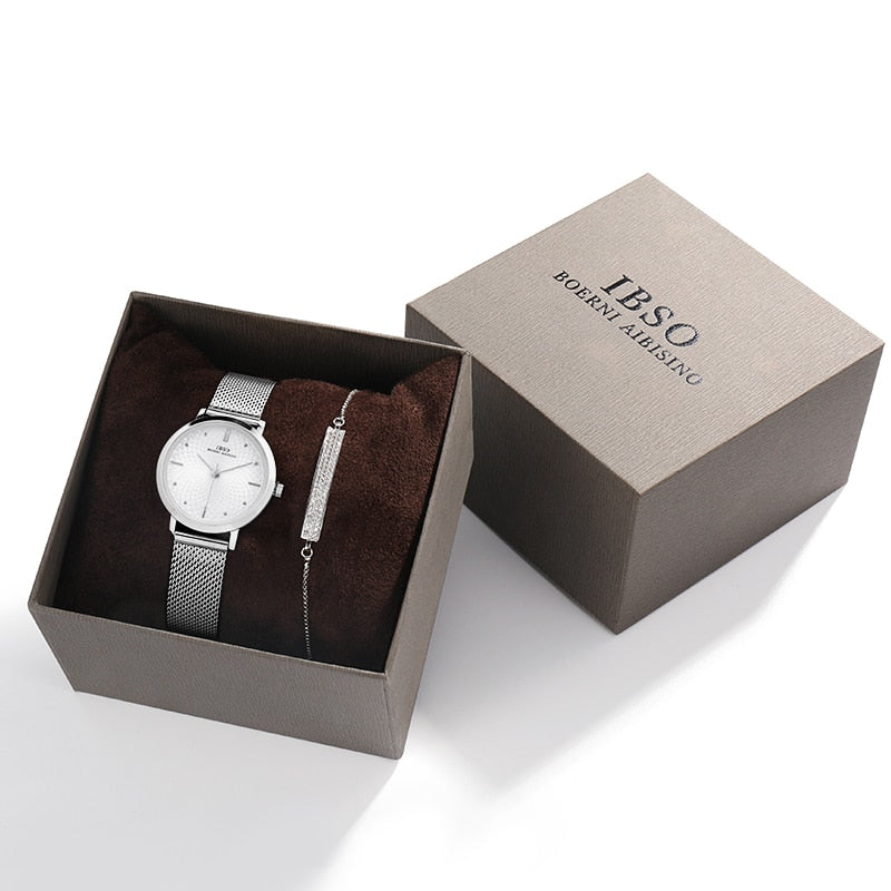 Watches Set 8mm Ultra dünn Silber Mesh, Edelstahl Armband Quarz Uhr Stunden Sets Damen Geburtstag Geschenk