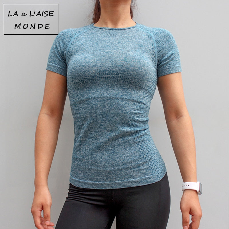Damen Nahtloses Sportshirt, Kurzarm Yoga Sportbekleidung für Damen