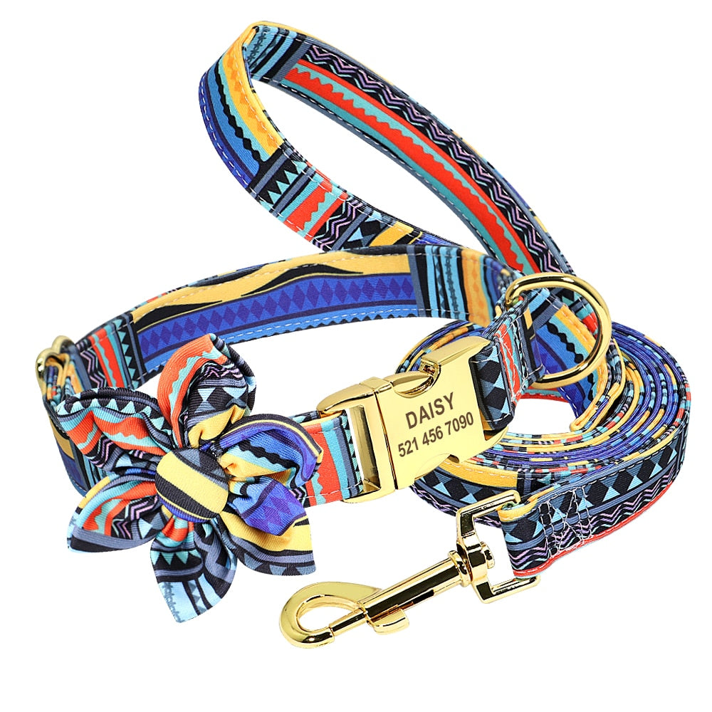 Bohemia Custom Hundehalsband Leine Nylon Blumen bedrucktes Haustier Hundehalsband Leine Personalisiertes Welpenhalsband für kleine mittelgroße Hunde