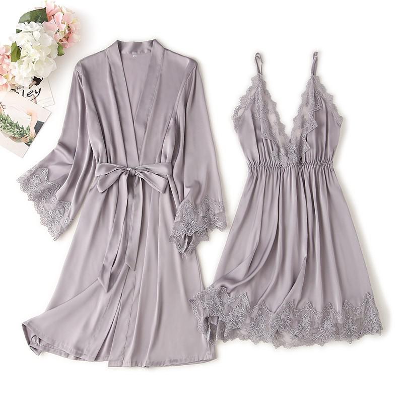 Spitzenbesatz Sexy Hochzeitsdame Robe -Anzug, Kimono Bademantel Kleid für Mini Nachtwäsche & Intime Dessous