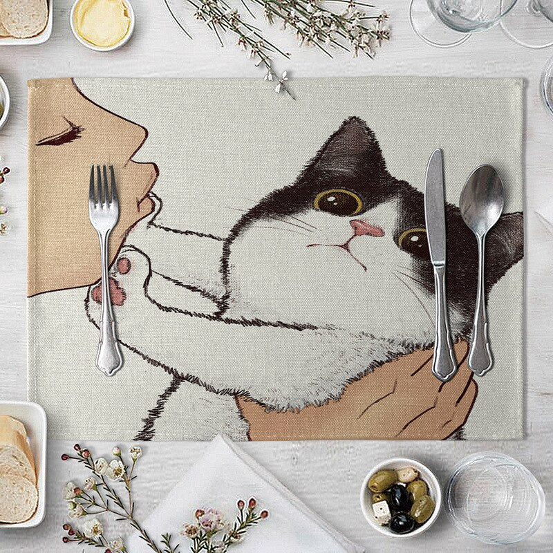 Abwaschbare Katzen Tischsets, Süße Katze Cartoon als Tiermuster