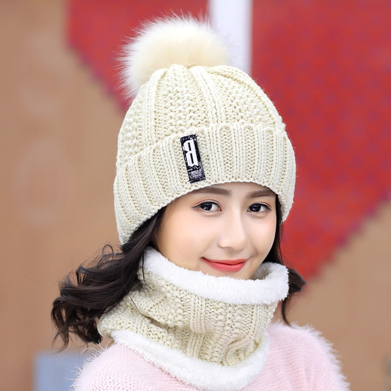 Winter Outdoor Winddicht Wollstrickmütze für Frauen, Winddichte Bommelmütze mit Schlauchschal