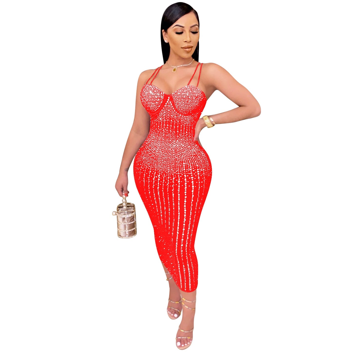 Damen Party Clubwear Mesh, durchsichtig Diamant Bodycon Sling Kleid