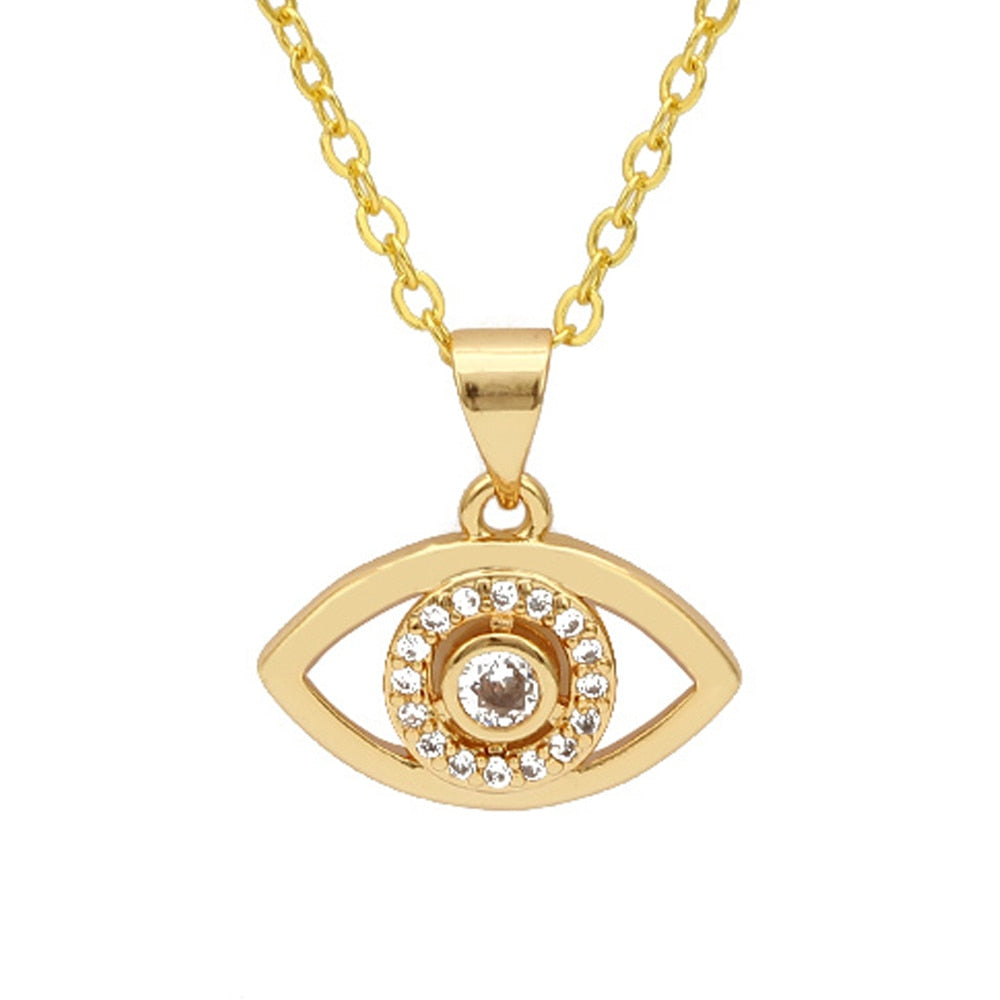 Lucky Eye Eulenherz Fatima Handpantoffeln Türkischer Böser Blick Anhänger Halskette Kupfer Goldfarbe, Langkettige Halskette für Frauen BE132