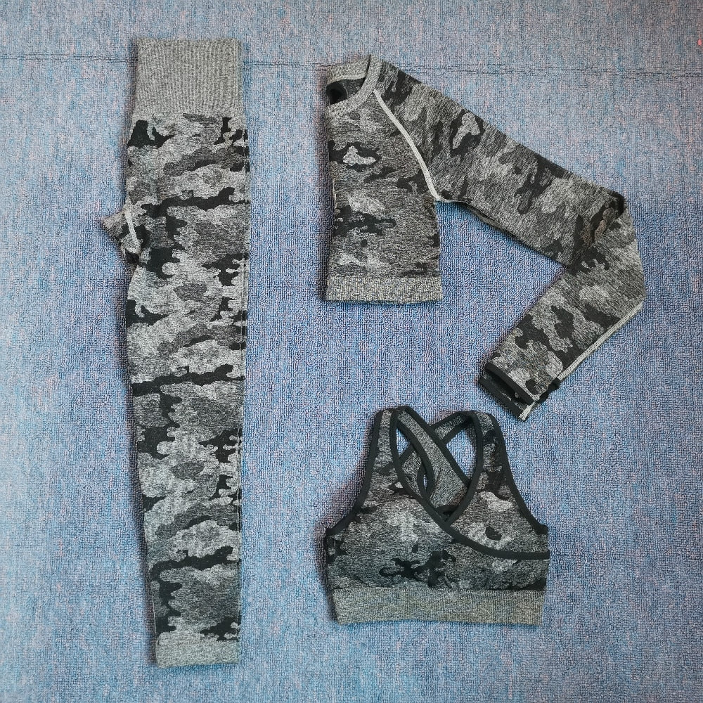 3 Teile / satz Damen Camouflage Yoga Set, Yoga-Leggings für Frauen, gestreifte Kompressionshose