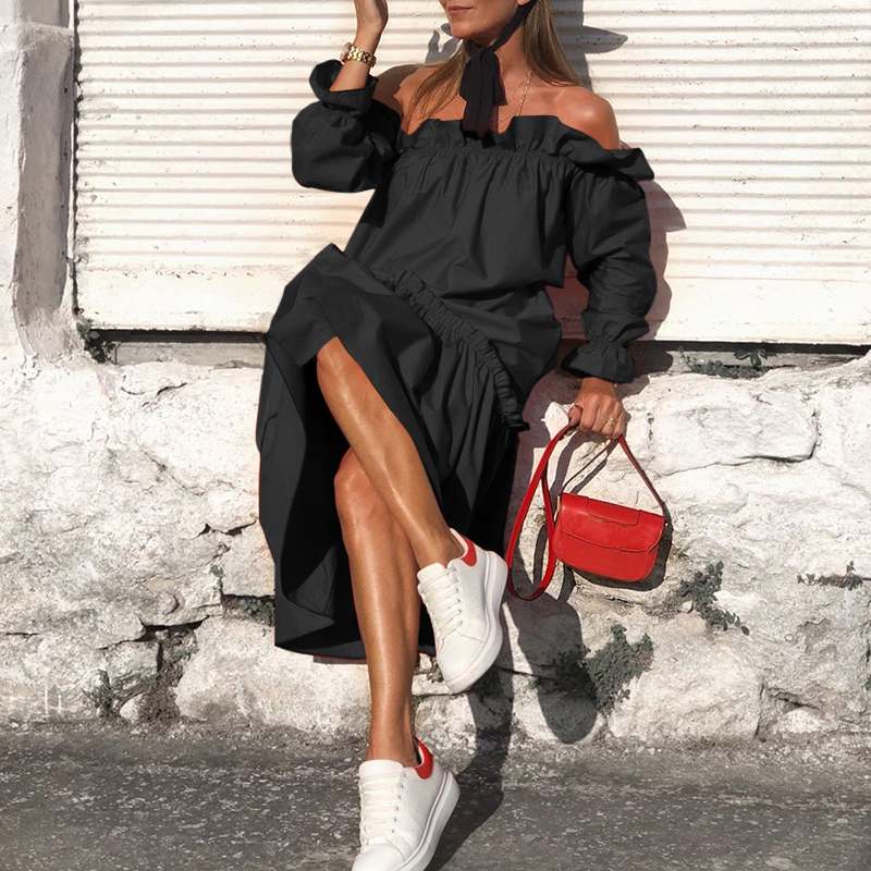 Holiday Langarm Sommerkleid mit unregelmäßigem Saum Bohemian Robe
