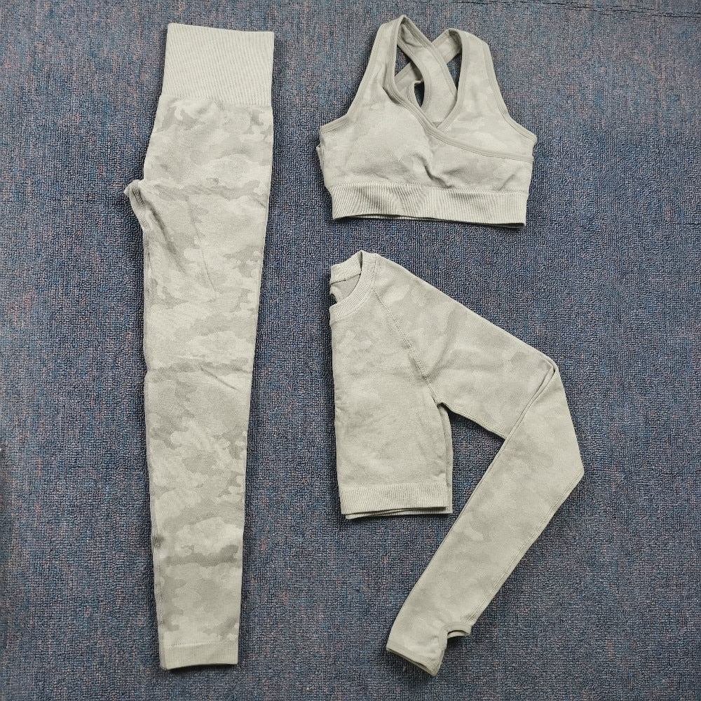 3 Teile / satz Damen Camouflage Yoga Set, Yoga-Leggings für Frauen, gestreifte Kompressionshose