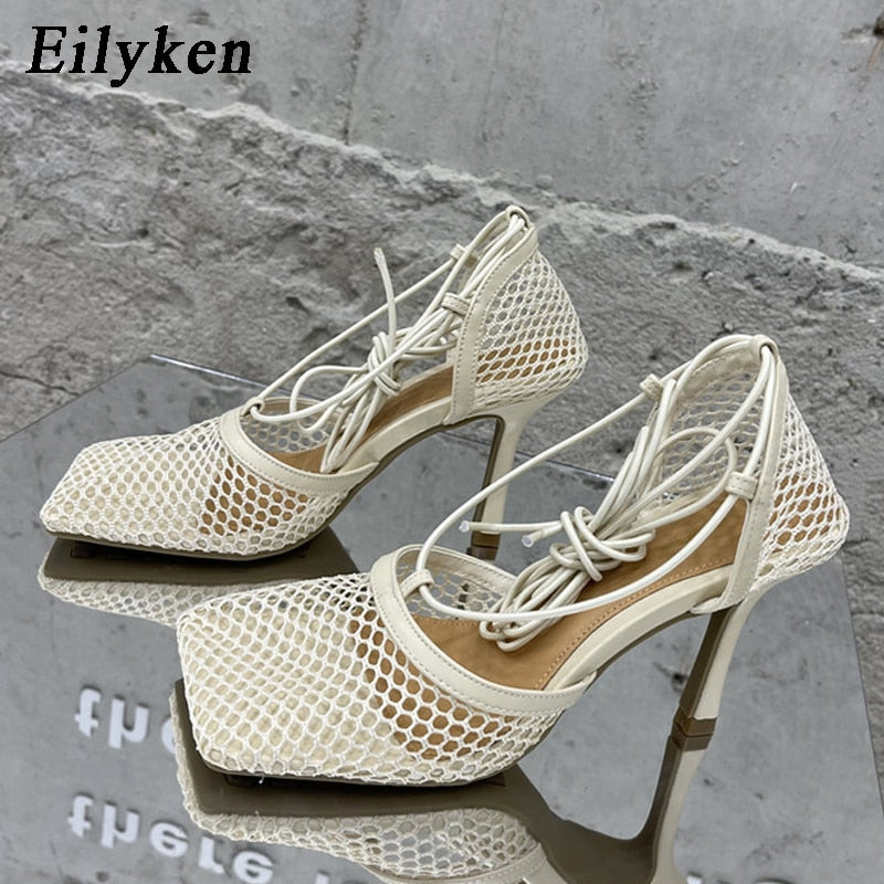 Eilyken 2023 Neue Sexy Mesh Pumps Sandalen, Weibliche Quadratische Zehe mit hohem Absatz