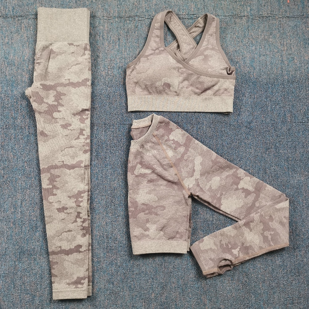 3 Teile / satz Damen Camouflage Yoga Set, Yoga-Leggings für Frauen, gestreifte Kompressionshose