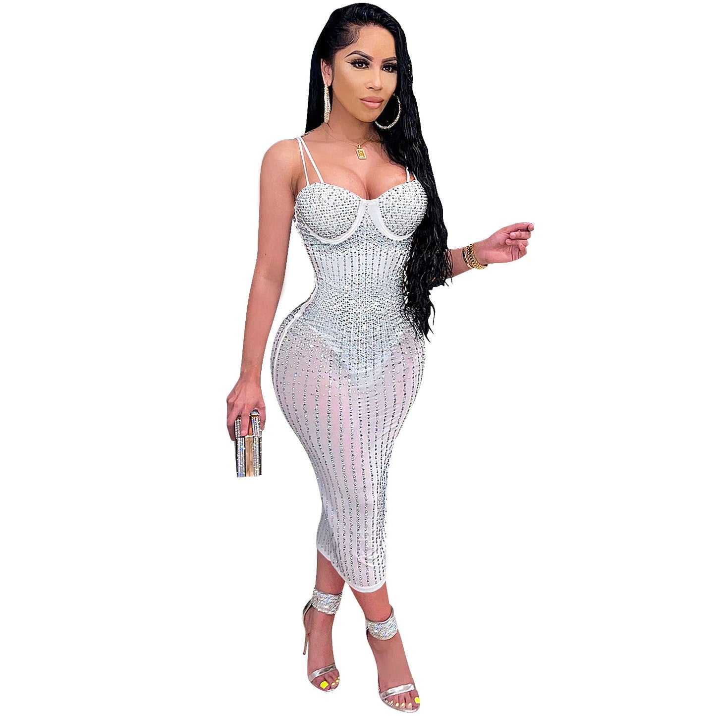 Damen Party Clubwear Mesh, durchsichtig Diamant Bodycon Sling Kleid