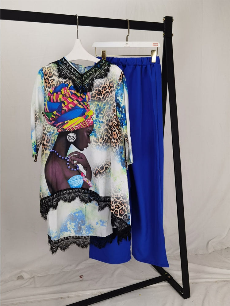 Afrikanische Neue Mode Spitze Kragen Anzug (Kleid und Hose) Übergroß Afrikanisch Für Dame