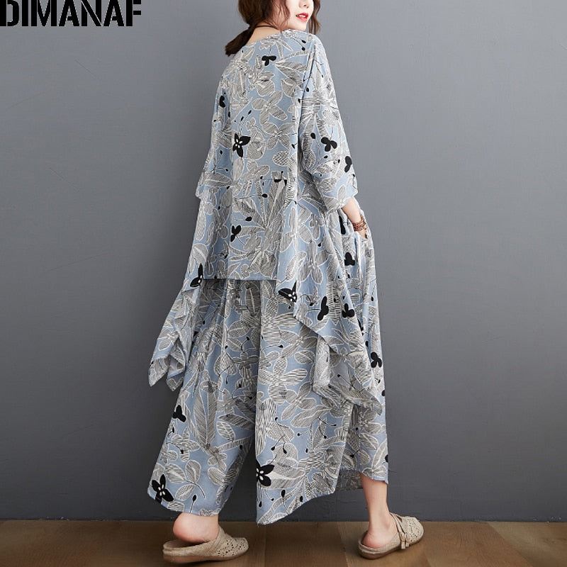 DIMANAF Plus Größe Zwei Stück Set Anzug, elegante weiblichen Tops Hemd Leinen lose Hosen für den Sommer