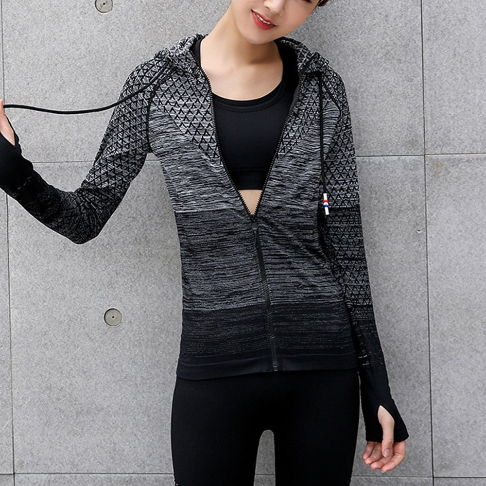 Reißverschluss Fitness Kleidung mit Hut, lange nahtlose Yoga Shirt