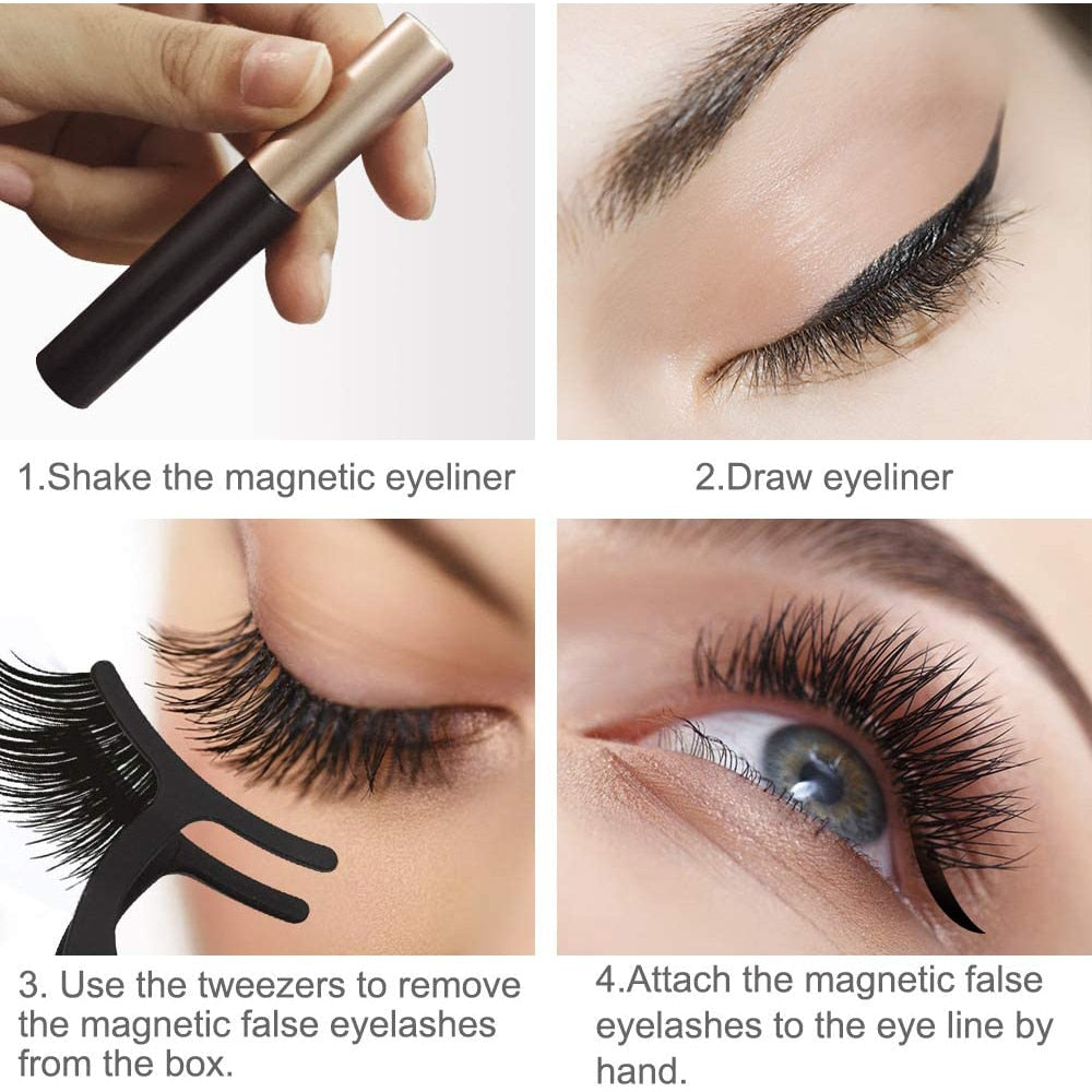 3 Paar 3D-magnetische Wimpern und flüssiger Eyeliner-Kit, natürlicher Look