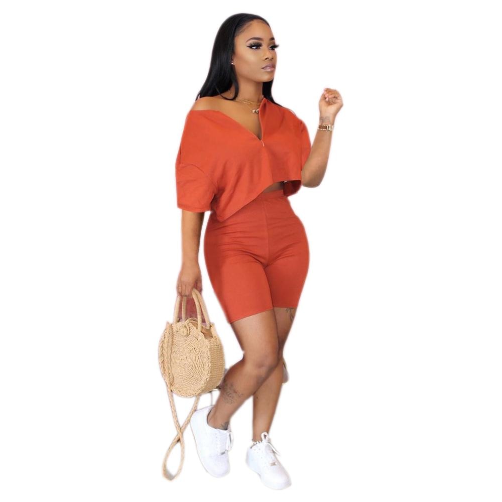 Casual Trainingsanzug, 2 stück set Crop-Top + Kurzhosen & Kurzarm Tiefem V-ausschnitt