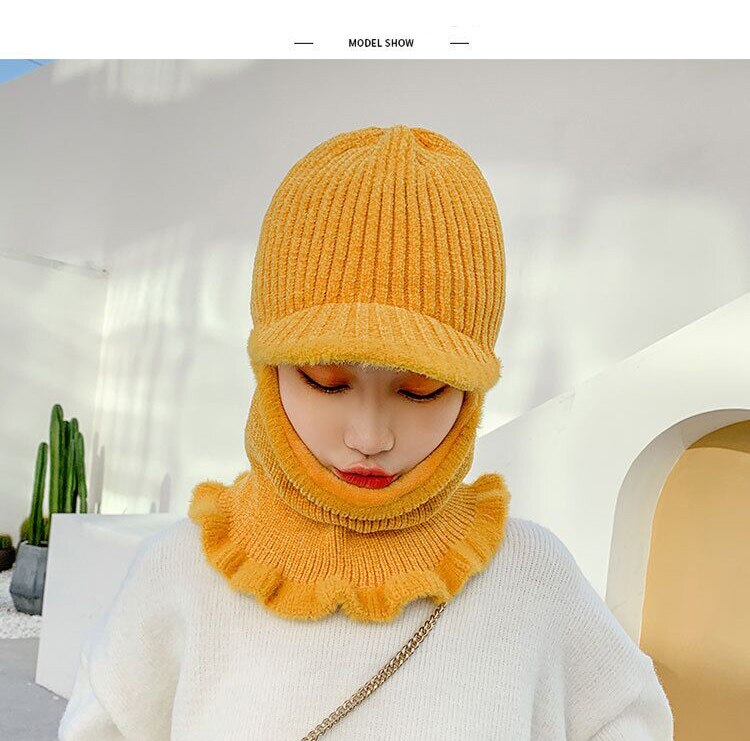 Warmer Hals Strickmütze Pelz Pompoms, Maske Wintermütze für Damen, Wolle Strickmütze