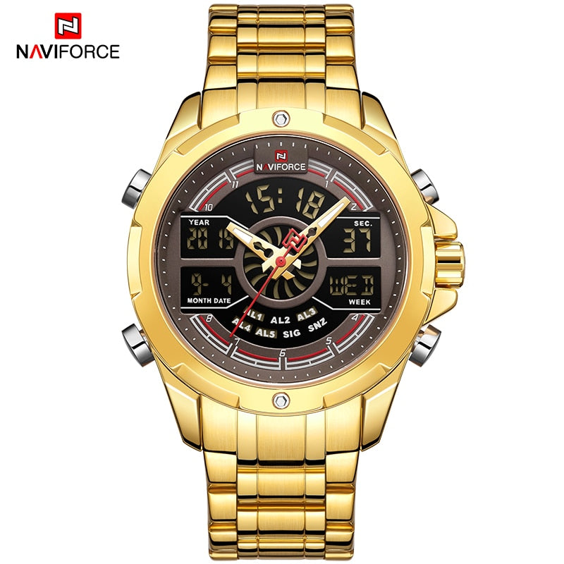 Quarz Militär Digitaluhruhr für Herren, LED Top Golduhr, Voll Stahl Armbanduhr