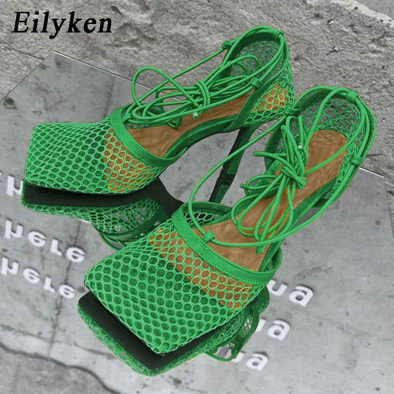 Eilyken 2023 Neue Sexy Mesh Pumps Sandalen, Weibliche Quadratische Zehe mit hohem Absatz