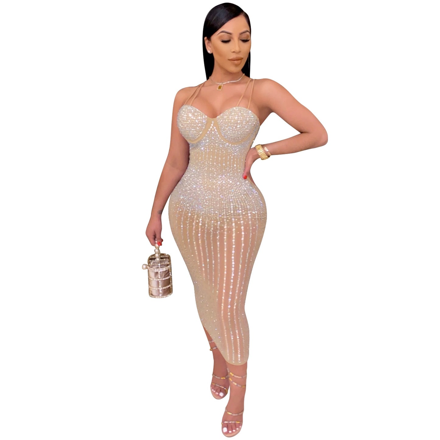 Damen Party Clubwear Mesh, durchsichtig Diamant Bodycon Sling Kleid