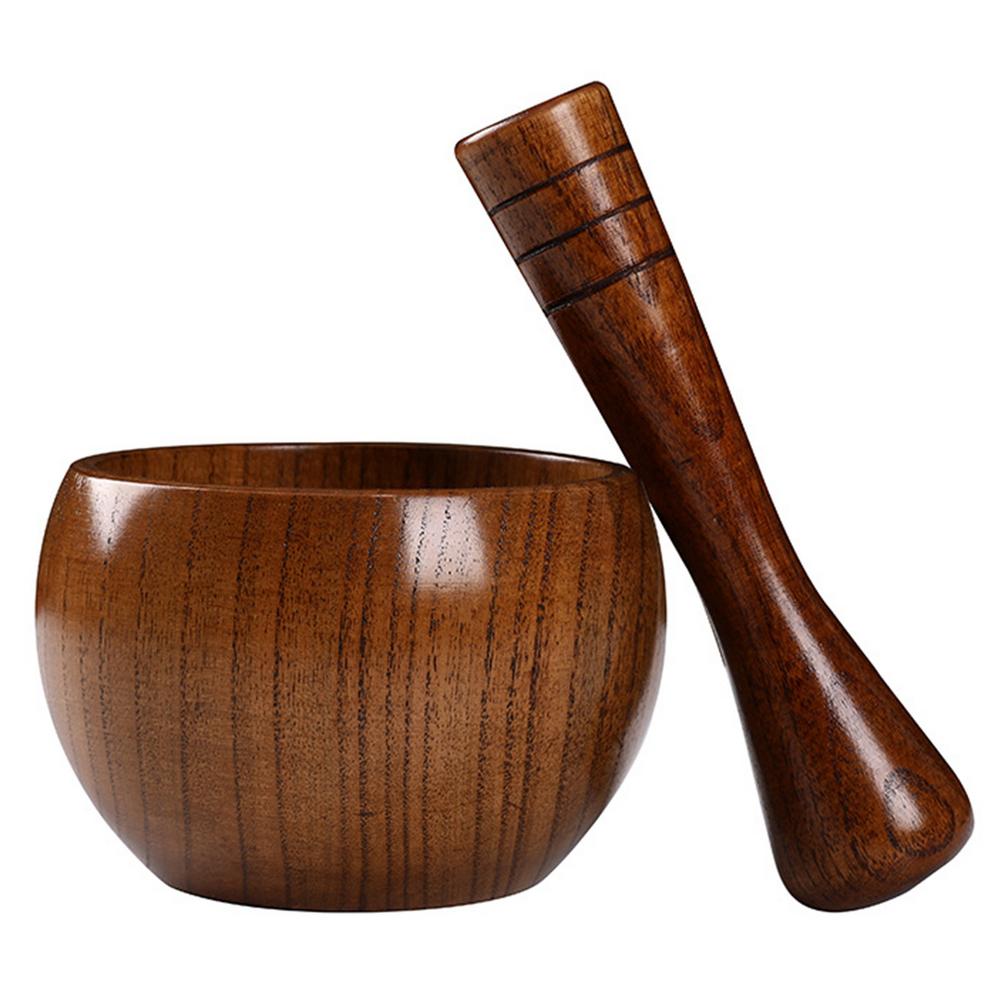 Gestampfter Knoblauchglas-Mörser, alte Mode-Holzmühle, rund, glatt, handpoliert, Stößel-Set zum Mahlen von Kräutern, Gewürzen, Körnern, Pfeffer