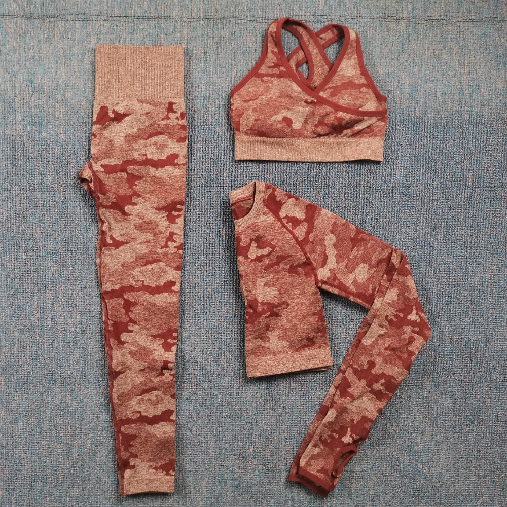 3 Teile / satz Damen Camouflage Yoga Set, Yoga-Leggings für Frauen, gestreifte Kompressionshose