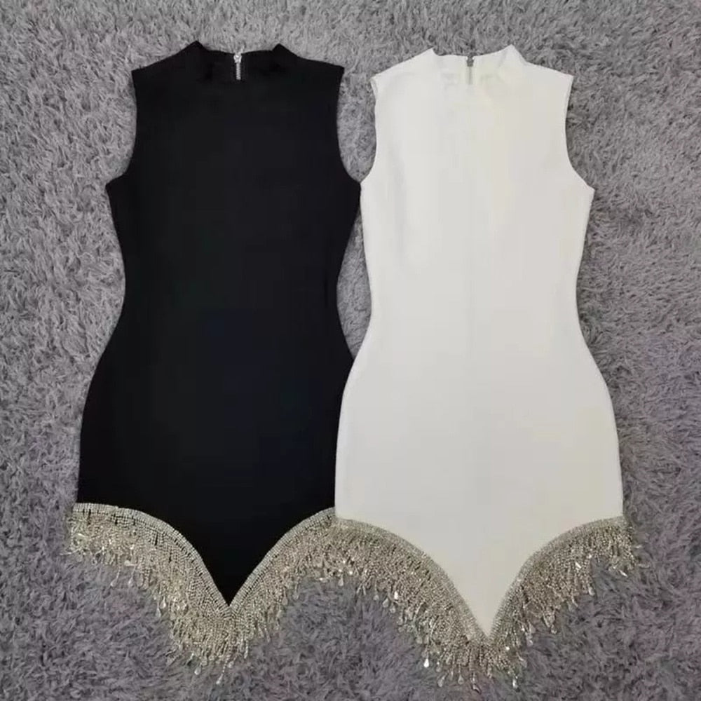 Damen Strass Quaste unregelmäßige Rundhalsausschnitt, mehrfarbiges dünnes ärmelloses Sexy Sommerkleid