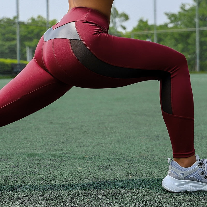 Damen Patchwork-Leggings aus Leder, Fitnesshose mit hoher Taille, atmungsaktive Sporthose, sexy Push-Up-Trainingshose