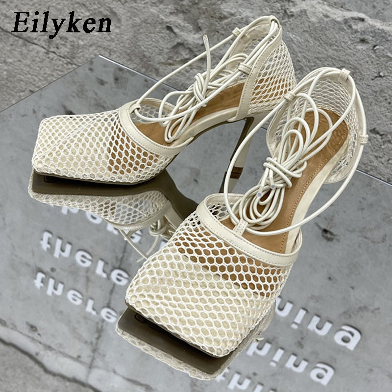 Eilyken 2023 Neue Sexy Mesh Pumps Sandalen, Weibliche Quadratische Zehe mit hohem Absatz