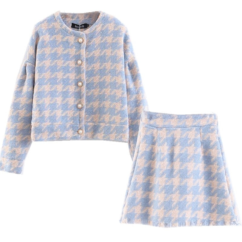 Vintage Sweet Damen Bluse & Mini Rock, Langarm Anzüge 2-teiliges Set
