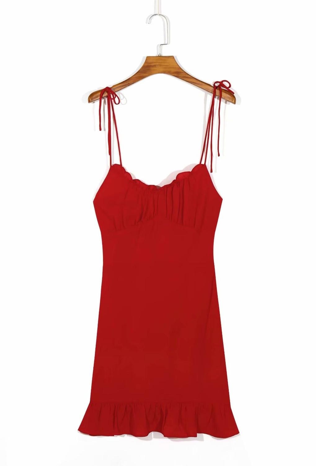 Verstellbares Retro Rüschen Minikleid für Frauen, Spaghettiträger rot schwarz elastisches Urlaubsmode