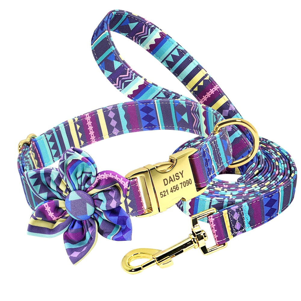 Bohemia Custom Hundehalsband Leine Nylon Blumen bedrucktes Haustier Hundehalsband Leine Personalisiertes Welpenhalsband für kleine mittelgroße Hunde