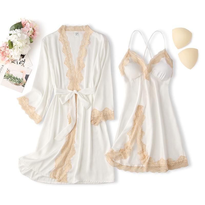 Spitzenbesatz Sexy Hochzeitsdame Robe -Anzug, Kimono Bademantel Kleid für Mini Nachtwäsche & Intime Dessous