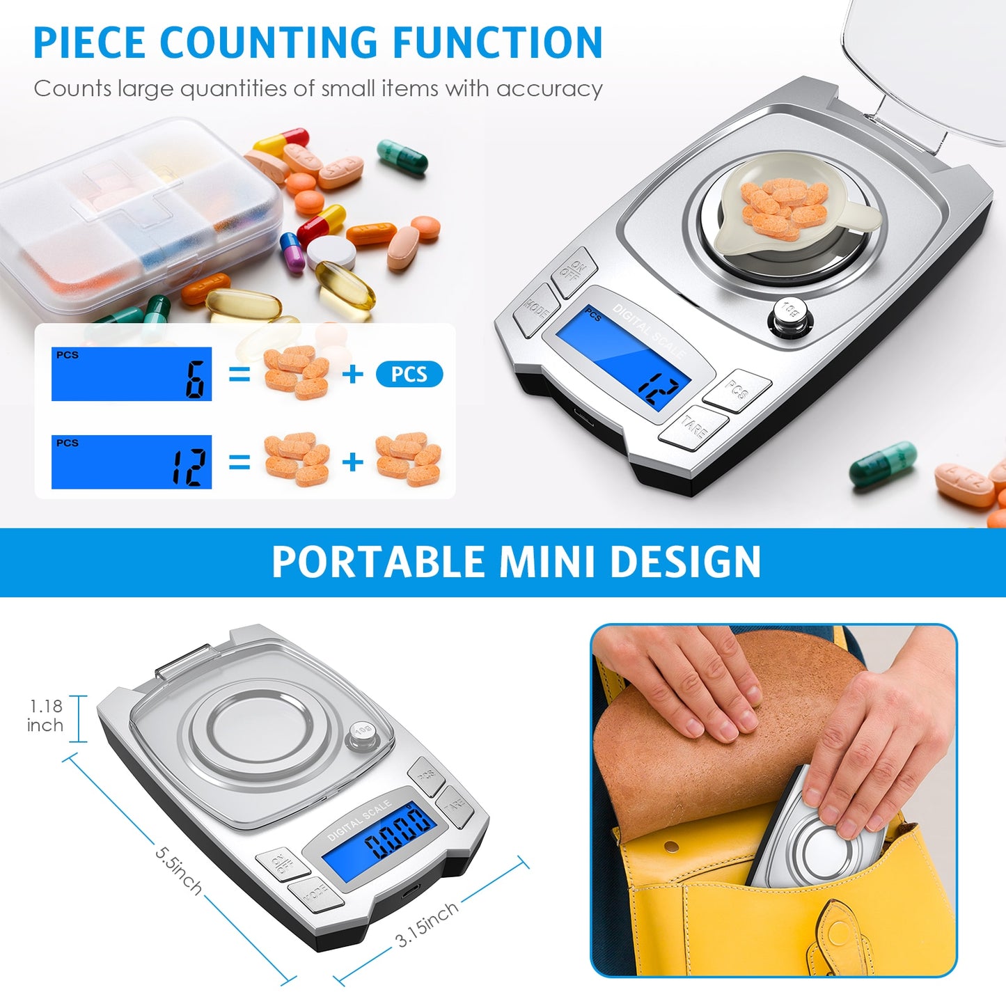 0,001 g Präzisions-Elektronikwaage 100 g / 50 g USB-Lade-Digital-Wäge-Schmuckwaage Tragbare Laborgewichts-Milligramm-Waage