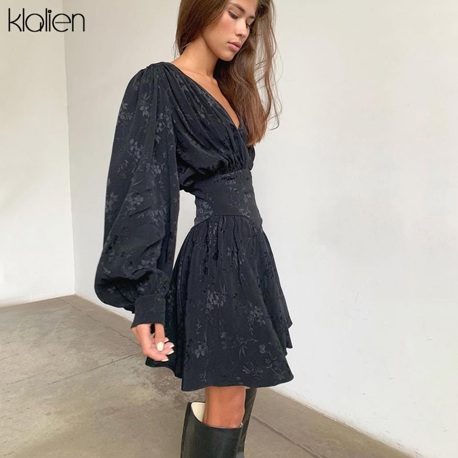 Elegantes Loses Minikleid Mode in Schwarzem Chiffon Druck