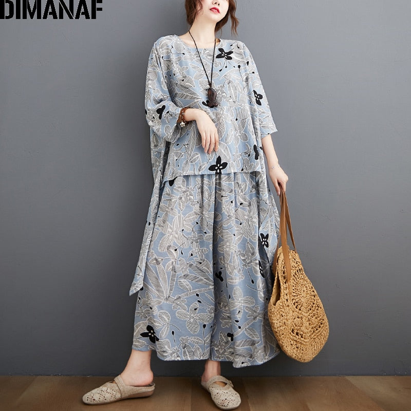 DIMANAF Plus Größe Zwei Stück Set Anzug, elegante weiblichen Tops Hemd Leinen lose Hosen für den Sommer