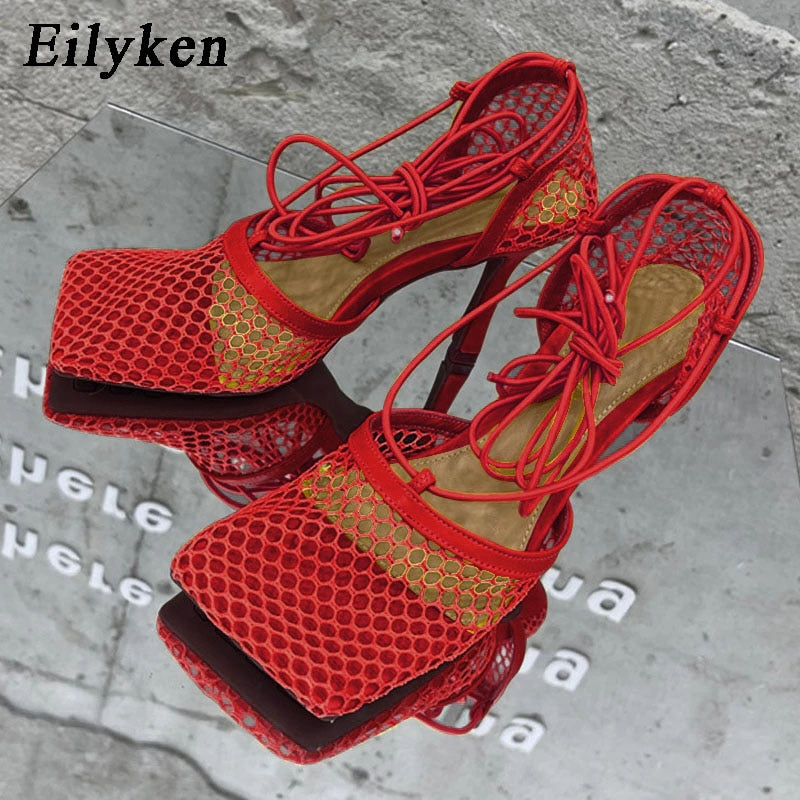 Eilyken 2023 Neue Sexy Mesh Pumps Sandalen, Weibliche Quadratische Zehe mit hohem Absatz