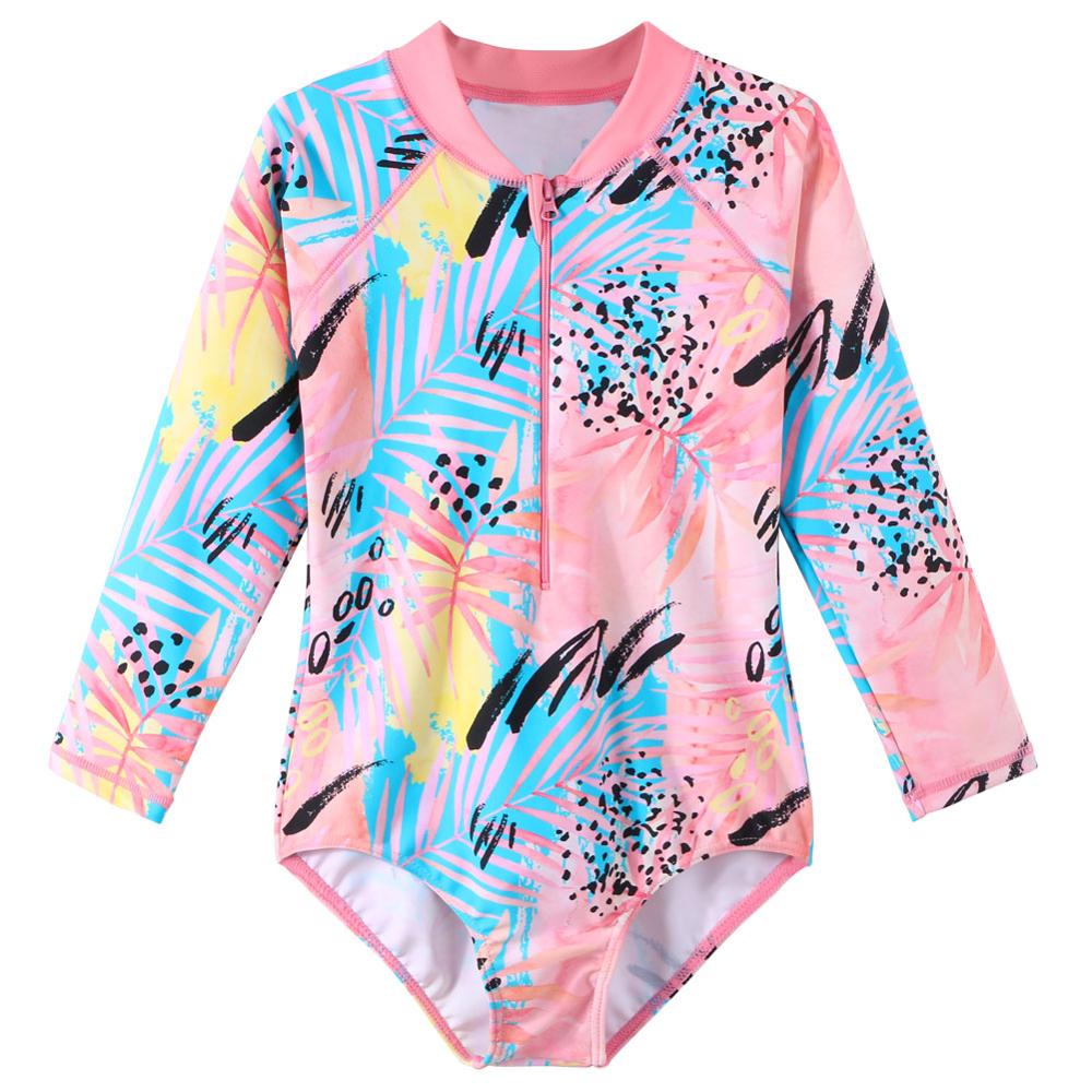 Navy Floral Mädchen Bademode für Kinder, Langarm Einteiler Strand Badeanzug