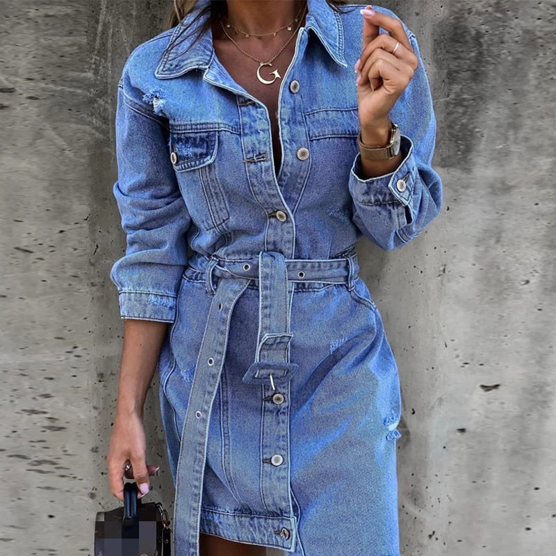 Damen Langarm Kleid Casual Denim mit einer Tasche, Mode Vintage Gürtel Kleid