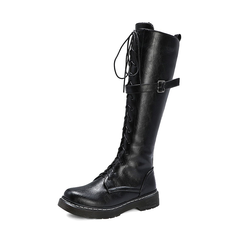 Herbst British Style Kniehohe Stiefel Für Frauen, Weibliche Stiefel Runde Zehe, Niedrige Absätze