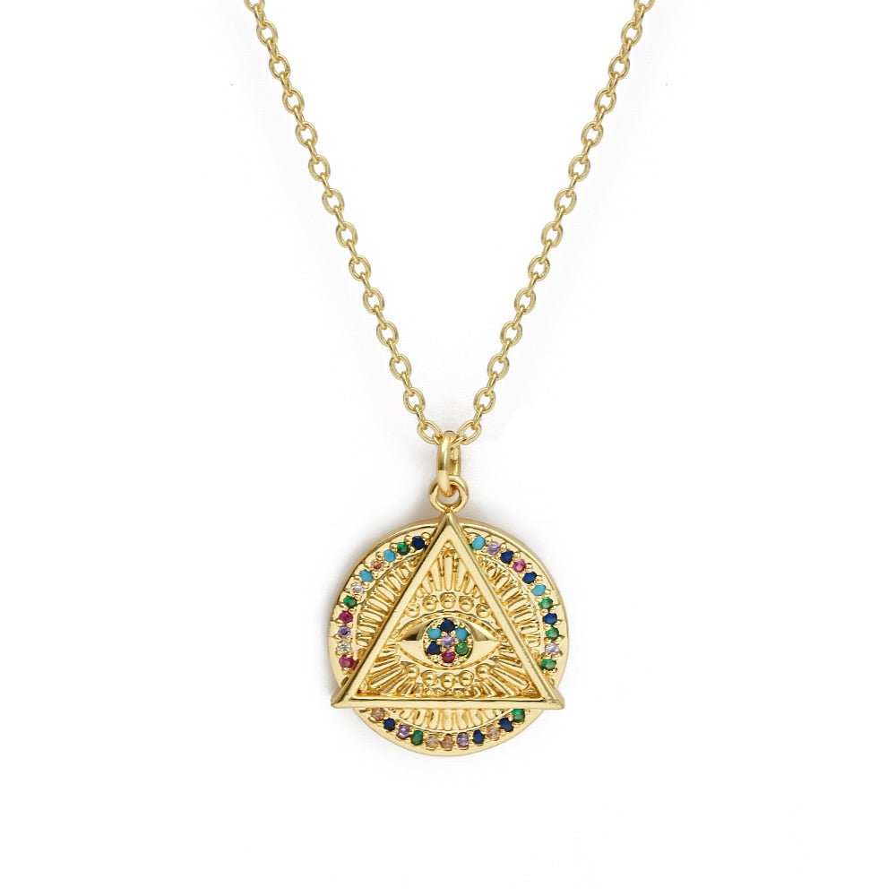 Lucky Eye Eulenherz Fatima Handpantoffeln Türkischer Böser Blick Anhänger Halskette Kupfer Goldfarbe, Langkettige Halskette für Frauen BE132