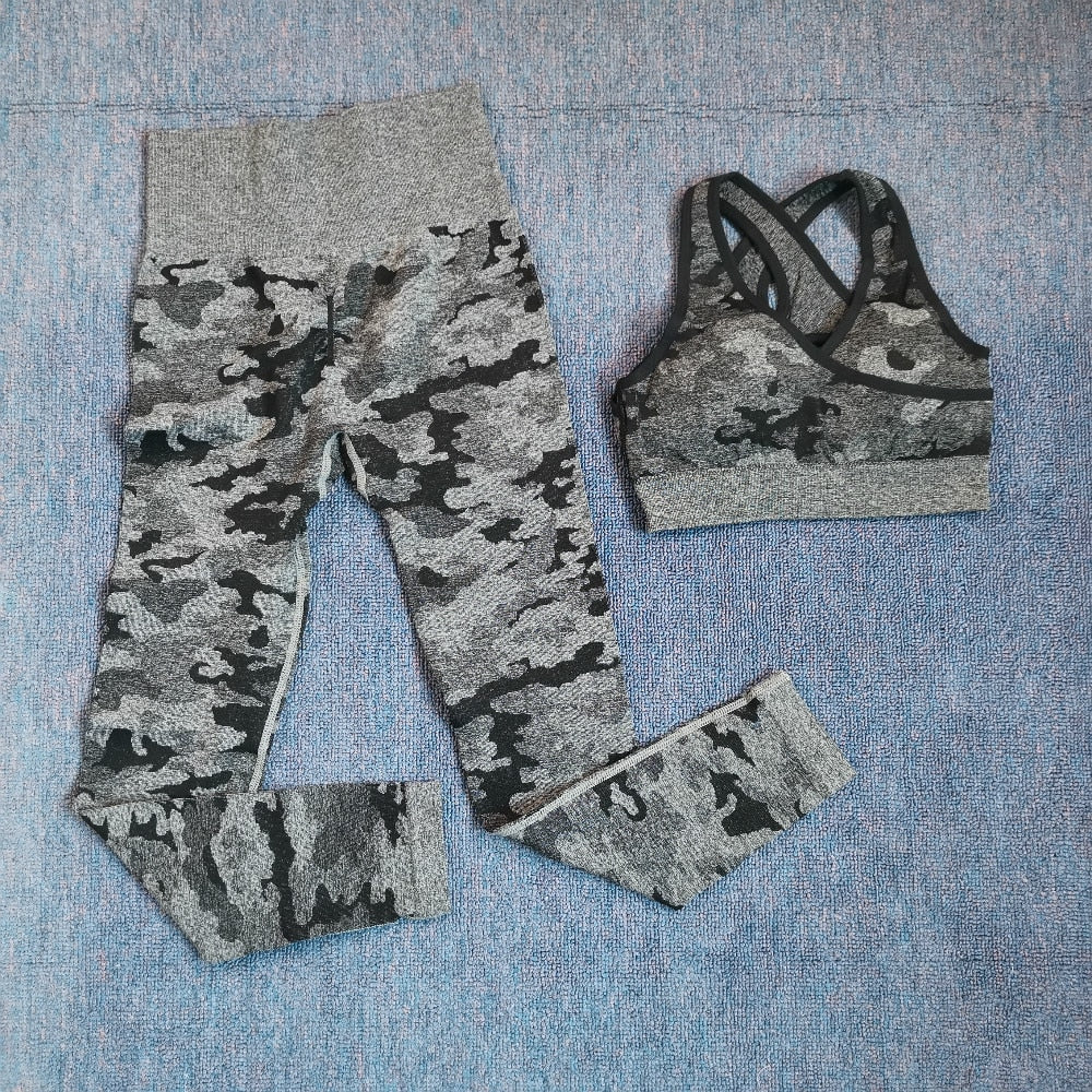 3 Teile / satz Damen Camouflage Yoga Set, Yoga-Leggings für Frauen, gestreifte Kompressionshose