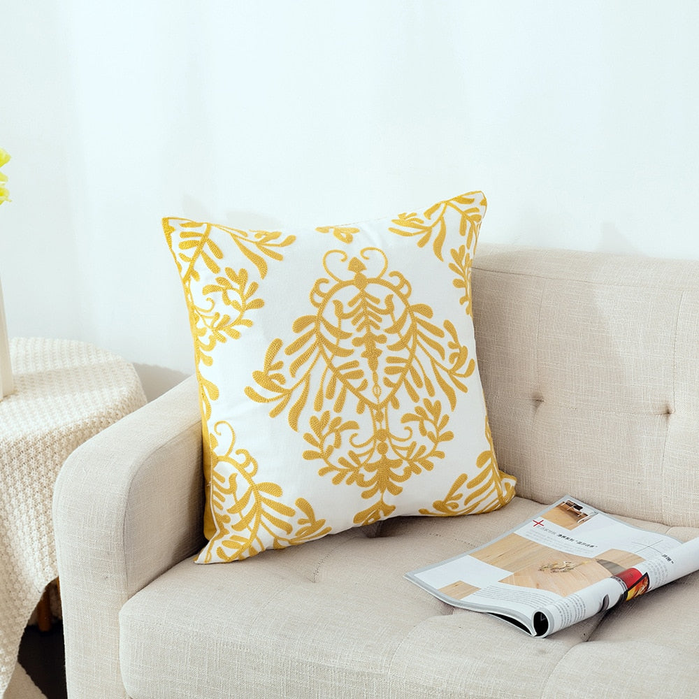 Kissenbezug mit niedlicher floraler geometrischer Stickerei, grün-gelber Kissenbezug für Sofa, Bett, schlichtes Zuhause, 45 x 45 cm