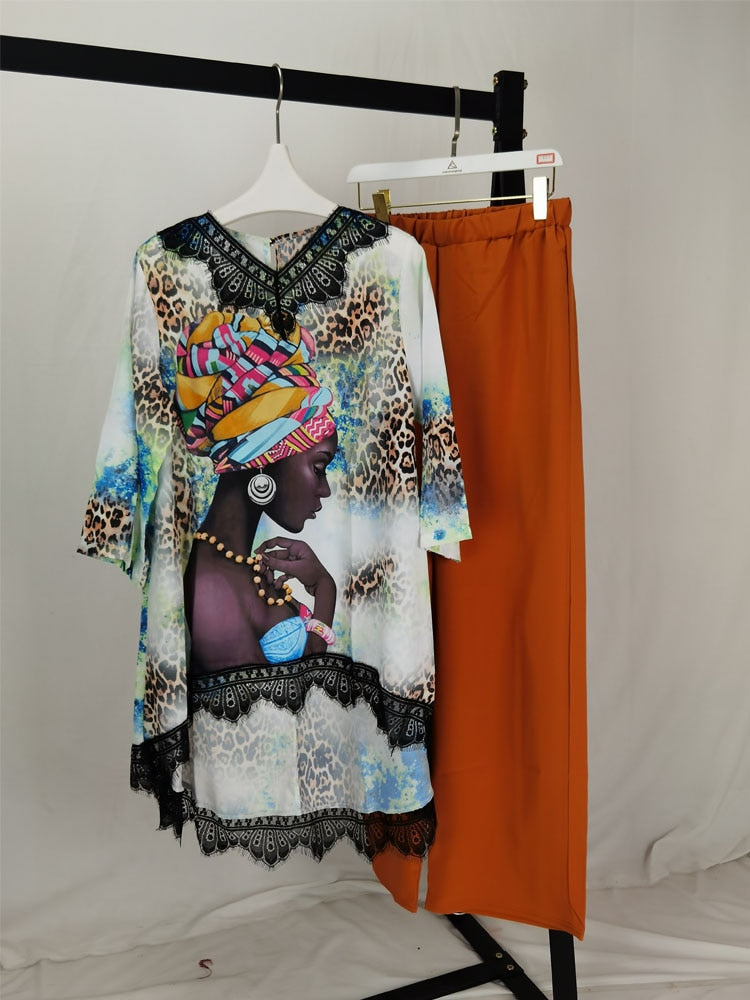 Afrikanische Neue Mode Spitze Kragen Anzug (Kleid und Hose) Übergroß Afrikanisch Für Dame