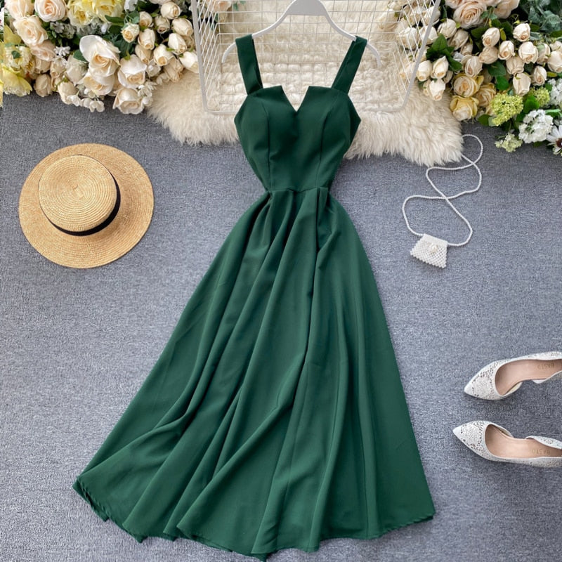 2023 Neue Frauen V-Ausschnitt Partykleid, Sommerkleid Retro Einfarbig