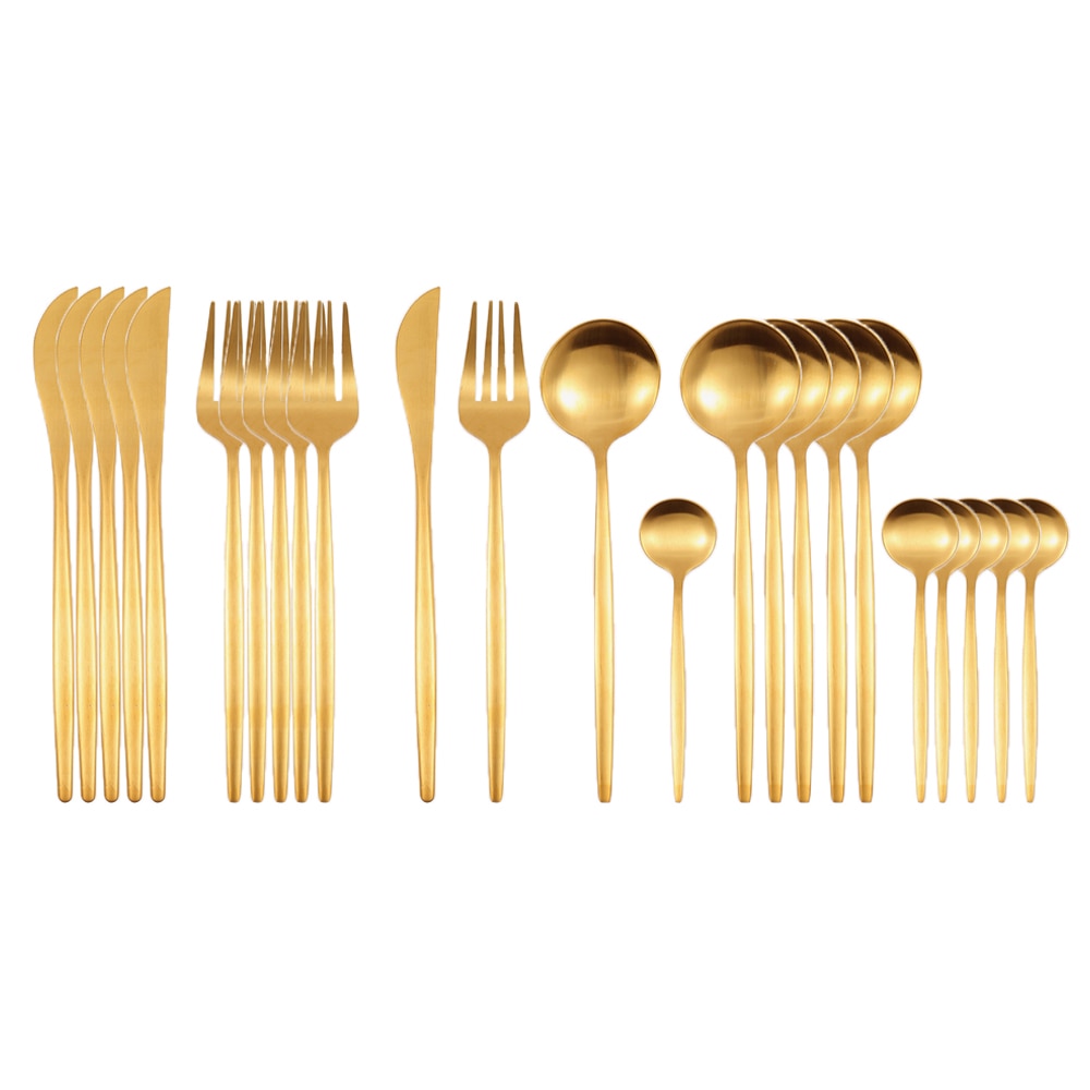 24-teiliges Geschirr-Set aus mattem Gold, Edelstahl 18/10, Messer, Gabel und Löffel Set