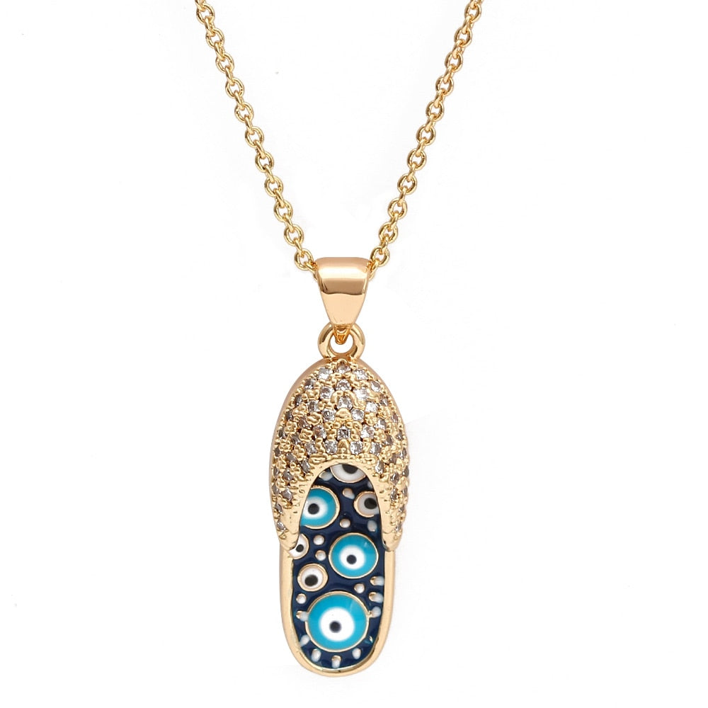 Lucky Eye Eulenherz Fatima Handpantoffeln Türkischer Böser Blick Anhänger Halskette Kupfer Goldfarbe, Langkettige Halskette für Frauen BE132